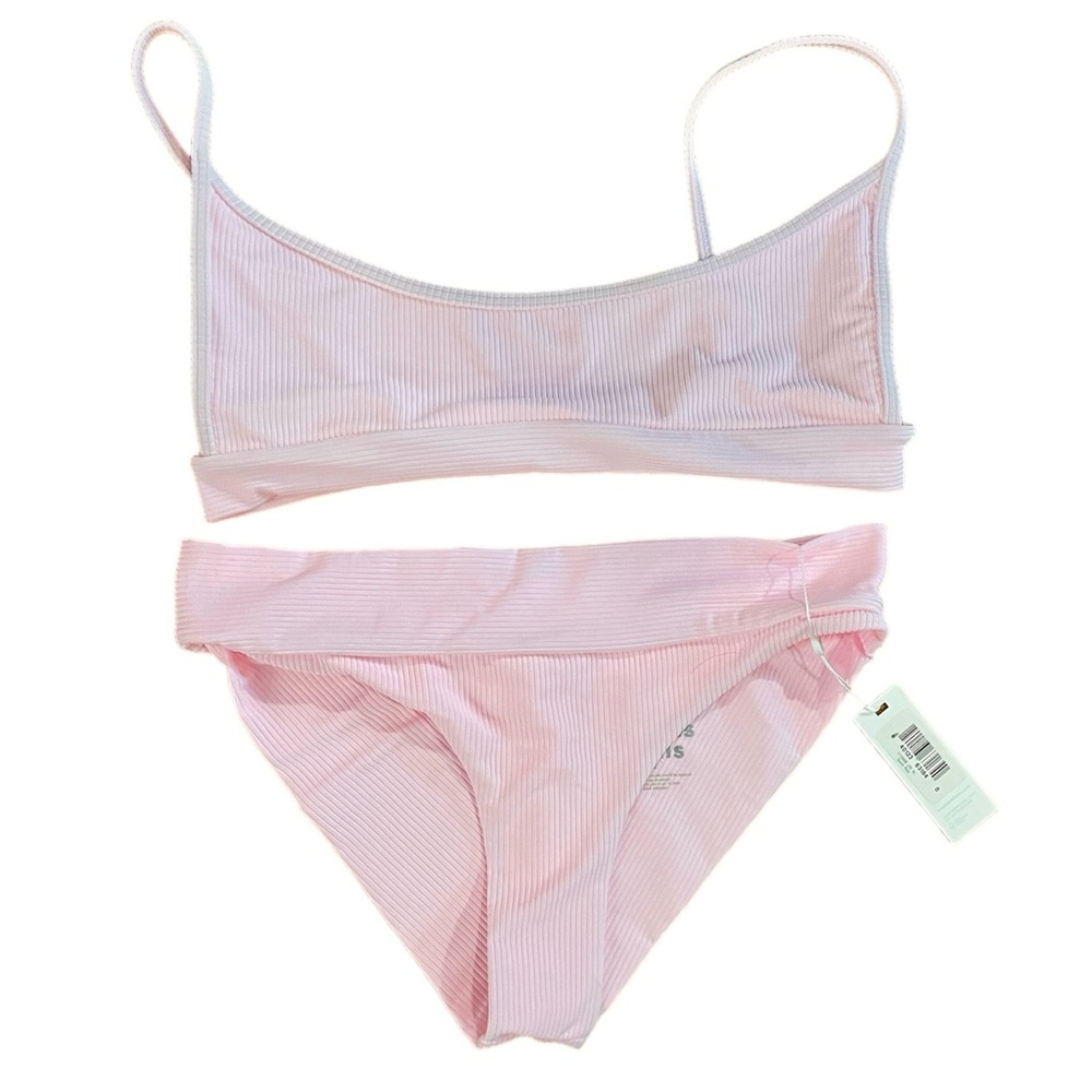 NWT FRANKIES BIKINIS Gavin Ribbed Scoop Bikini Top & Cheeky Bottom Pink XL